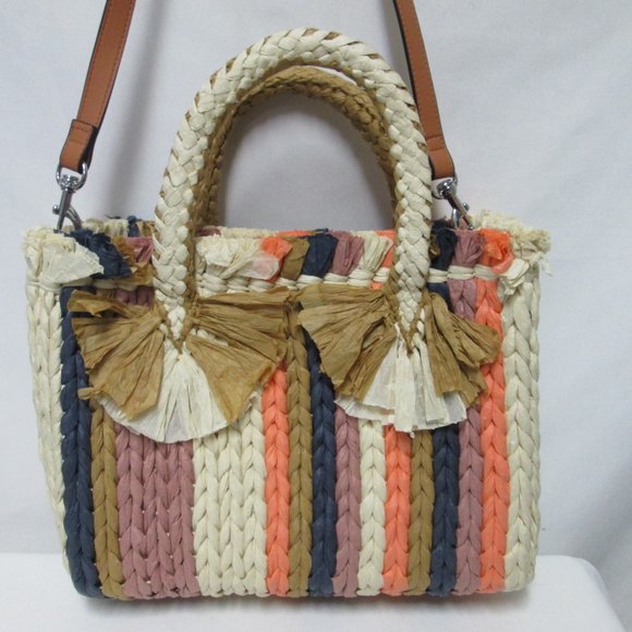 Vince Camuto Handbags - Vince Camuto Emei Woven Paper Satchel Tote Bag Purse removable strap striped NEW